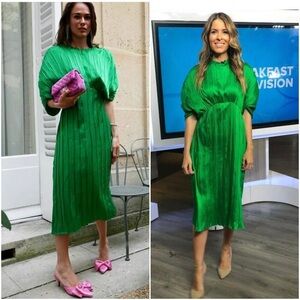ZARA Green Satin Pleated Voluminous Balloon Sleeve Midi Dress size S